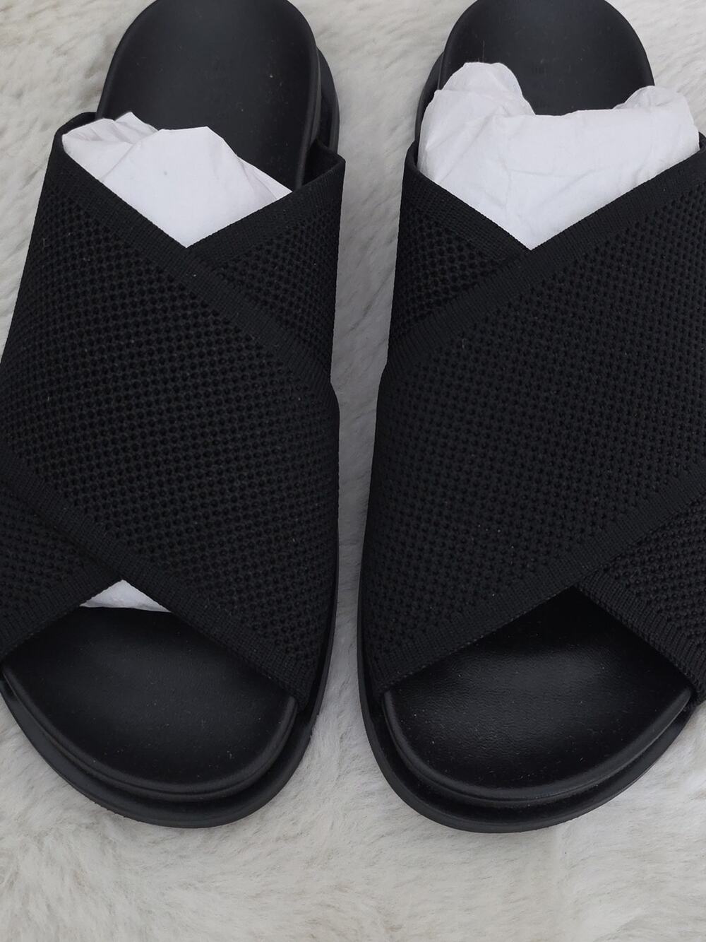 Everlane ReKnit Form Crossover Mesh Cross Strap Slide Sandal Black Shoes NEW 7